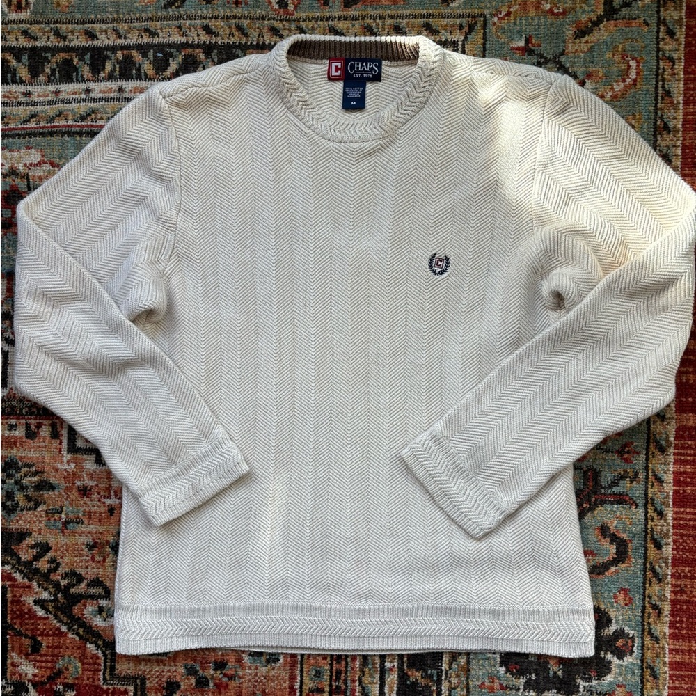 Chaps Cream Crewneck Sweater with Textured Knit